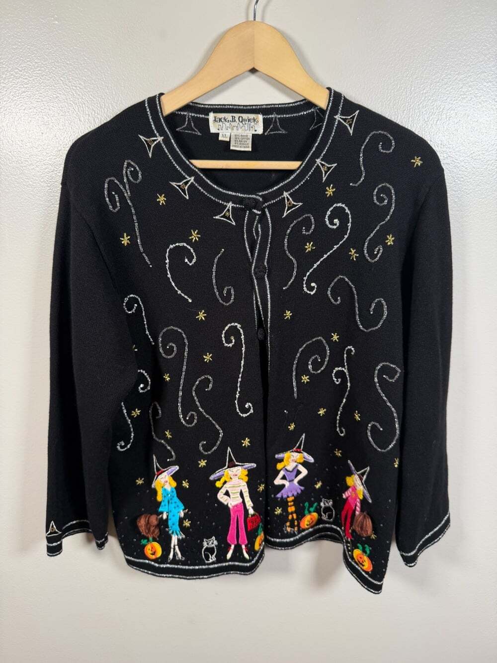Vintage Jack B. Quick Halloween Sweater Cardigan Size XL Black Embroidered Witch